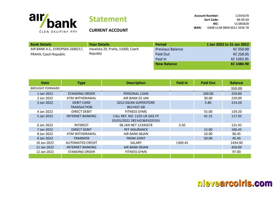 Czechia Air bank statement